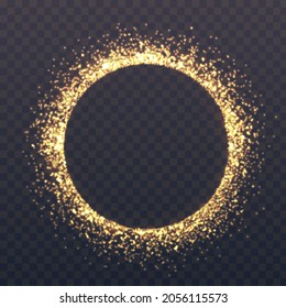 Glitter circle. Glowing round border. Christmas card template. Magic light effect for poster, banner or web. Luxury star dust template. Gold sparkles. Vector illustration.