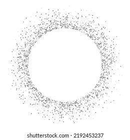 Glitter circle on white background. Silver confetti splash. Shining round composition. Sparkling dust for greeting card. Christmas elegant logo. Vector illustration.