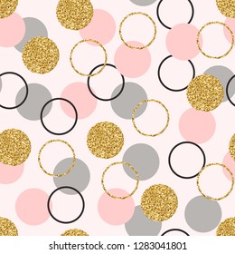 Glitter circle seamless pattern. Golden circles with sparkles and star dust. Wallpaper design with glittering gold, pink, grey circles. Modern abstract background. Vector illustration.