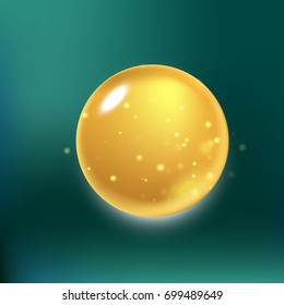 Glitter collagen drop, oil drop with effects isolated on green background.