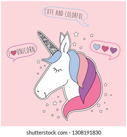 glitter colorful unicorn heart star pink girl tee illustration art vector 