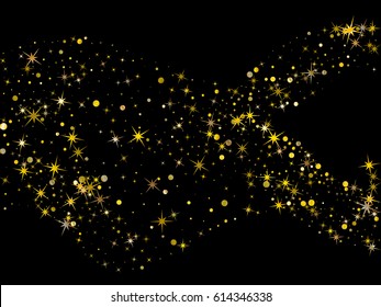 Glitter confetti curls, magic shining sparkles design. Cosmic abstract vector background with gold star and circle confetti elements. Decorative curve pattern on black with golden night sky objects. 
