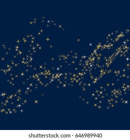 Glitter confetti curls, magic shining sparkles design. Cosmic abstract vector background with gold star confetti elements. Decorative curve pattern on blue with golden night sky objects.