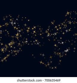 Glitter confetti curls, magic shining sparkles confetti design. Cosmic space abstract vector background with gold star elements. Decorative curve pattern on dark with golden night sky stars.