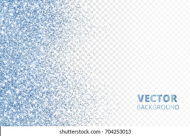 Glitter confetti falling from the side. Blue vector dust, explosion on transparent background. Sparkling border, frame. Great for wedding invitations, party posters, Christmas and birthday cards.