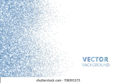 Glitter confetti falling from the side. Blue vector dust, explosion isolated on white. Sparkling border, frame. Great for wedding invitations, party posters, Christmas and birthday cards.