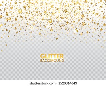 Glitter confetti. Gold glitter particles falling on transparent background. Christmas bright shimmer design. Glowing particles effect for luxury greeting card. Vector illustration.