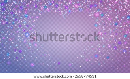 Glitter Confetti In Heart Shape. Holographic Shiny Sparkles For Carnaval And Party. Purple Valentine And Wedding Background. Pink Brilliant Light.  Blue Glitter Confetti For Love Concept