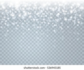 Glitter confetti light effect isolated on transparent background. Vector white glowing glitter snow with stars for Christmas, New Year luxury card design.
