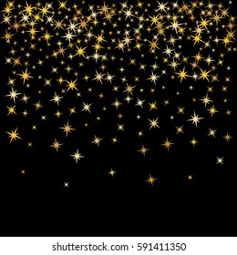 Glitter confetti, magic shining sparkles design. Cosmic abstract vector background with gold star elements falling down.  Decorative holiday pattern on black. Golden night sky objects. Party backdrop.