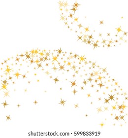 Glitter confetti, magic shining sparkles vector rounded pattern design. Background with golden stars on white.