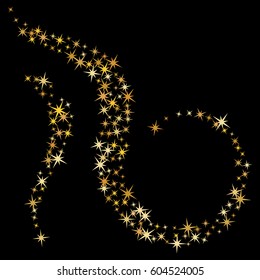 Glitter confetti, magic shining sparkles design. Decorative pattern. Cosmic abstract vector background with gold star elements. Vector shiny color gold wave design with glitter effect on dark backdrop
