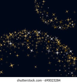 Glitter confetti, magic shining sparkles vector rounded pattern design. Background with golden stars on dark. Astral cosmic space illustration.