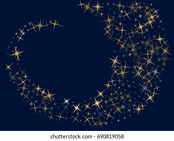 Glitter confetti, magic shining sparkles design. Decorative pattern. Cosmic abstract vector background with gold star elements. Vector shiny color gold curl design with glitter effect on dark blue.