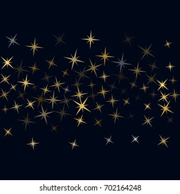Glitter confetti, magic shining sparkles design. Cosmic abstract vector background with gold star elements flying on black. Decorative holiday pattern. Golden night sky stars. Christmas background.