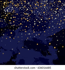 Glitter confetti, magic shining star sparkles design. Cosmic abstract vector background with gold star dust falling down. Decorative holiday pattern on black and blue. Golden night sky objects. 