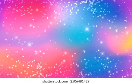 Glitter confetti on holographic rainbow background. Modern beautiful colorful magic background. Particles on an iridescent surface. Trendy design for Christmas, New Year, Celebration. Vector EPS10