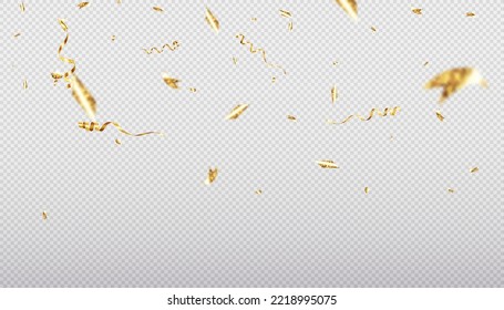 Glitter Confetti on a transparent background. Falling shiny golden confetti. Bright golden festive tinsel. Festive design elements for web banner, poster, flyer, invitation. Vector