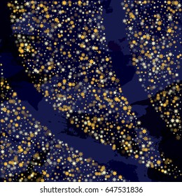 Glitter confetti pattern, magic shining star sparkles design. Cosmic abstract vector background with gold stardust falling down. Decorative holiday banner on black and blue. Golden night sky objects.