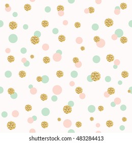 Glitter Confetti Polka Dot Seamless Pattern Background. Golden, Pink And Blue Trendy Colors. Girly.