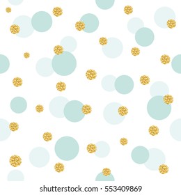 Glitter confetti polka dot seamless pattern background. Golden and pastel blue trendy colors. For birthday and wedding design.