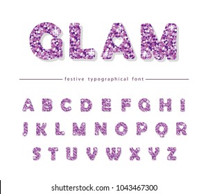 Glitter confetti purple font isolated on white. Glamour alphabet for Valentine s day, birthday design. Girly. Vector