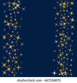Glitter confetti, shining sparkles pattern design for birthday card or banner. Cosmic abstract vector background with gold glowing star glitter confetti elements on dark blue. Holiday starlight.