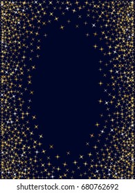 Glitter confetti, shining sparkles pattern design for birthday card or banner. Cosmic abstract vector background with gold glowing star elements on dark blue. Holiday starlight.