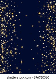 Glitter confetti, shining sparkles pattern design for birthday card or banner. Cosmic abstract vector background with gold glowing star elements on dark blue. Holiday starlight golden glitter.