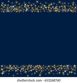 Glitter confetti, shining sparkles vector graphic design. Holiday background with gold star elements.  Decorative pattern on dark blue with place for text.