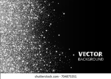 Glitter confetti, snow falling from the side. Vector silver dust, explosion on black background. Sparkling border, frame. Great for wedding invitations, party posters, Christmas and birthday cards.