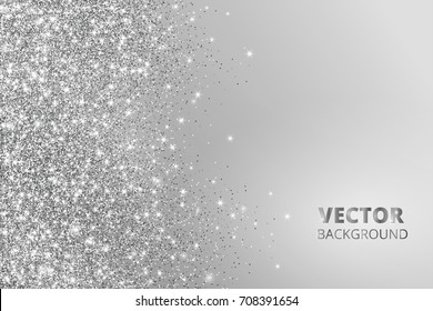 Glitter confetti, snow falling from the side. Vector silver dust, explosion on grey background. Sparkling border, frame. Great for wedding invitations, party posters, Christmas and birthday cards.