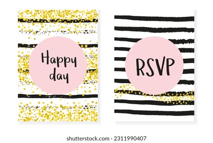 Glitter Confetti. White Birthday Brochure. Stripe Minimal Design. Pink Glittery Element. Golden Abstract Cover. Rose Paint. Scrapbook Illustration Set. Stripe Glitter Confetti
