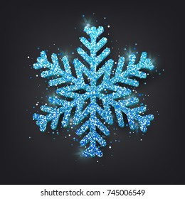 Glitter covered blue snowflake with on transparent background. Greeting card, invitation  happy New year 2018 and Christmas. Vector illustration.  