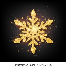 Glitter covered gold snowflake with on transparent background. Greeting card, invitation happy New year 2018 and Christmas. Vector illustration.