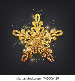 Glitter covered gold snowflake with on transparent background. Greeting card, invitation  happy New year 2018 and Christmas. Vector illustration.