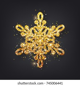 Glitter covered gold snowflake with on transparent background. Greeting card, invitation  happy New year 2018 and Christmas. Vector illustration.