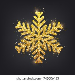 Glitter covered gold snowflake with on transparent background. Greeting card, invitation  happy New year 2018 and Christmas. Vector illustration.