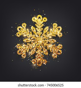 Glitter covered gold snowflake with on transparent background. Greeting card, invitation  happy New year 2018 and Christmas. Vector illustration.