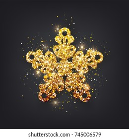 Glitter covered gold snowflake with on transparent background. Greeting card, invitation  happy New year 2018 and Christmas. Vector illustration.