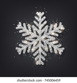 Glitter Covered Silver Snowflake With On Transparent Background. Greeting Card, Invitation  Happy New Year 2018 And Christmas. Vector Illustration.    