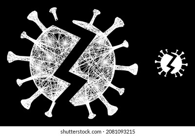 Glitter crossing mesh broken virus with light spots on a black background. Light vector constellation based on broken virus symbol, with hatched network and light spots.