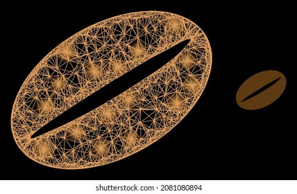 Glitter crossing mesh coffee bean with light spots on a black background. Light vector structure is based on coffee bean symbol, with irregular net and light spots.