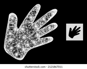 Glitter cruzando la malla con manchas de luz sobre un fondo negro. La constelación de vectores iluminados se basa en la imagen de la mano, con malla irregular y manchas de luz.