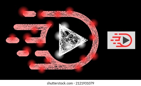 Glitter crossing mesh play function with light spots on a black background. Light vector mesh is created from play function icon, with irregular net and light spots.