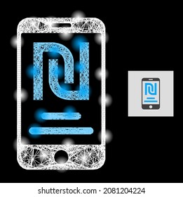 Glitter crossing mesh shekel mobile account with glowing spots on a black background. Light vector mesh created from shekel mobile account symbol, with hatched network and light spots.