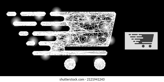 Glitter crossing mesh shopping cart with light spots on a black background. Bright vector mesh is based on shopping cart icon, with hatched mesh and light spots.