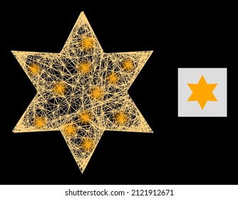 Glitter crossing mesh six corner star with lightspots on a black background. Illuminated vector model is based on six corner star symbol, with linear mesh and lightspots.