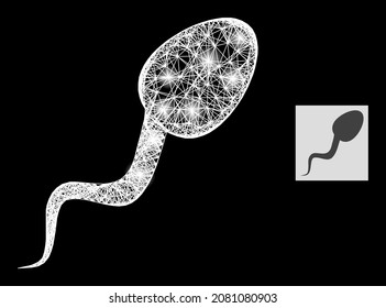 Celda de esperma de malla que cruza el brillo con puntos brillantes sobre un fondo negro. La estructura del vector de luz se basa en el pictograma de células espermatozoides, con malla irregular y manchas luminosas.