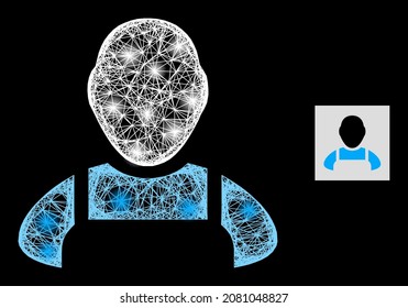 Glitter crossing mesh worker with light spots on a black background. Light vector model is based on worker picture, with irregular mesh and light spots.
